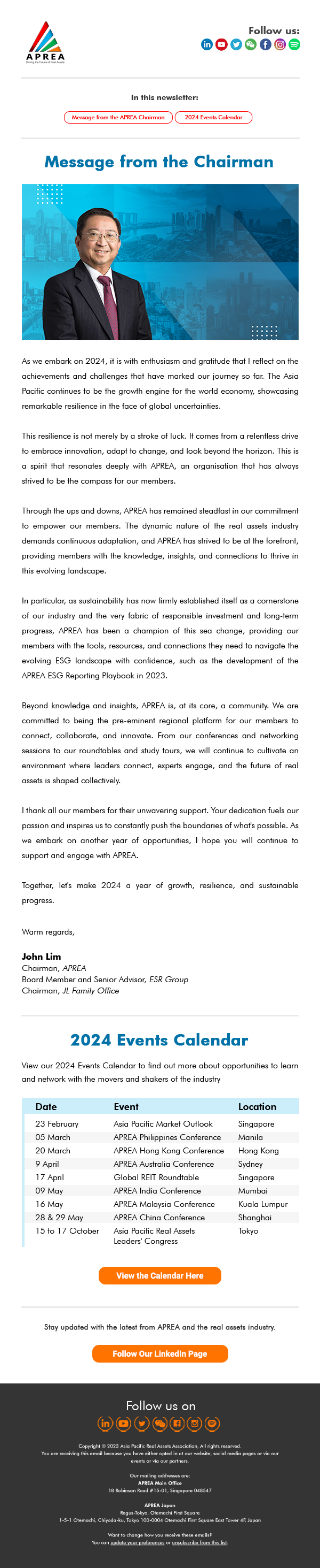 JAN 15 Message from the APREA Chairman